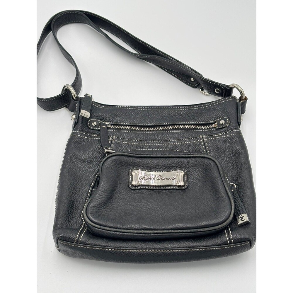 Sophia Caperelli Black Genuine Leather Shoulder Bag Leopard Lined Y2K
